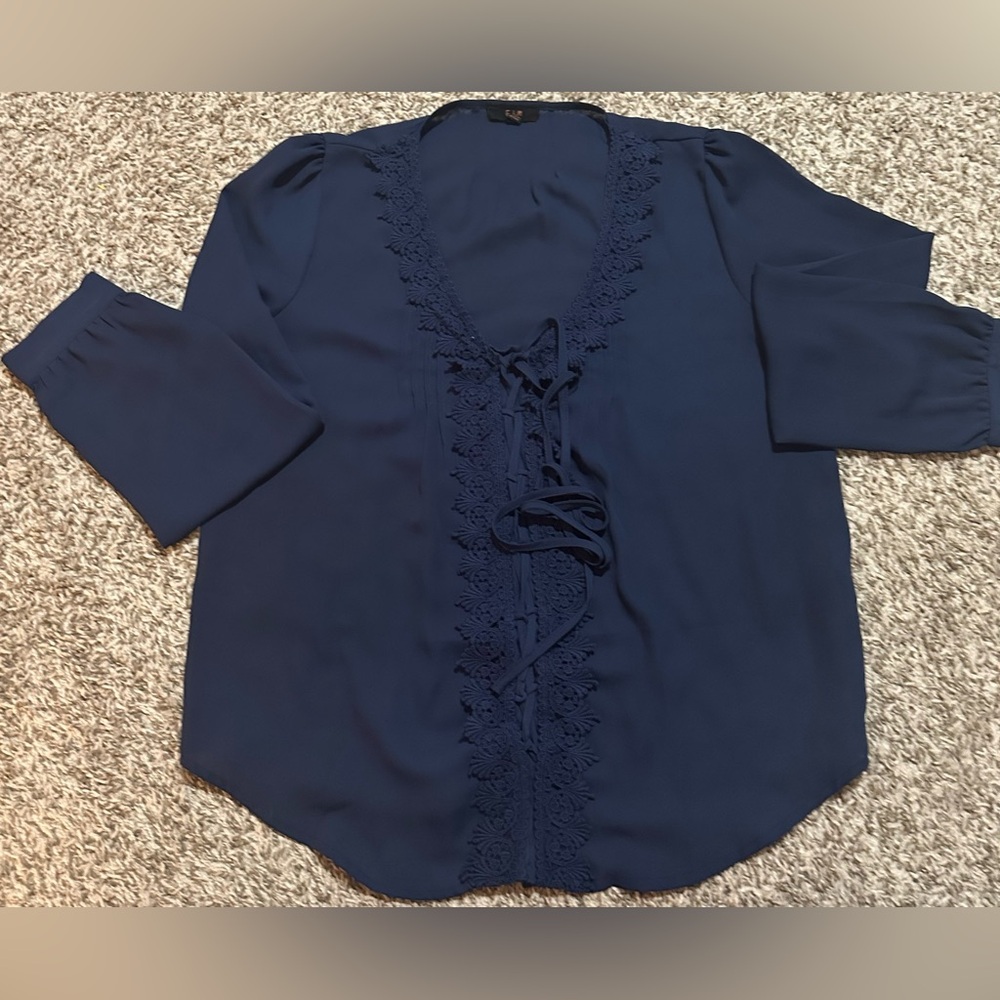 EM Women’s Blouse – Size Medium – Navy Blue Lace-Up V-Neck Top